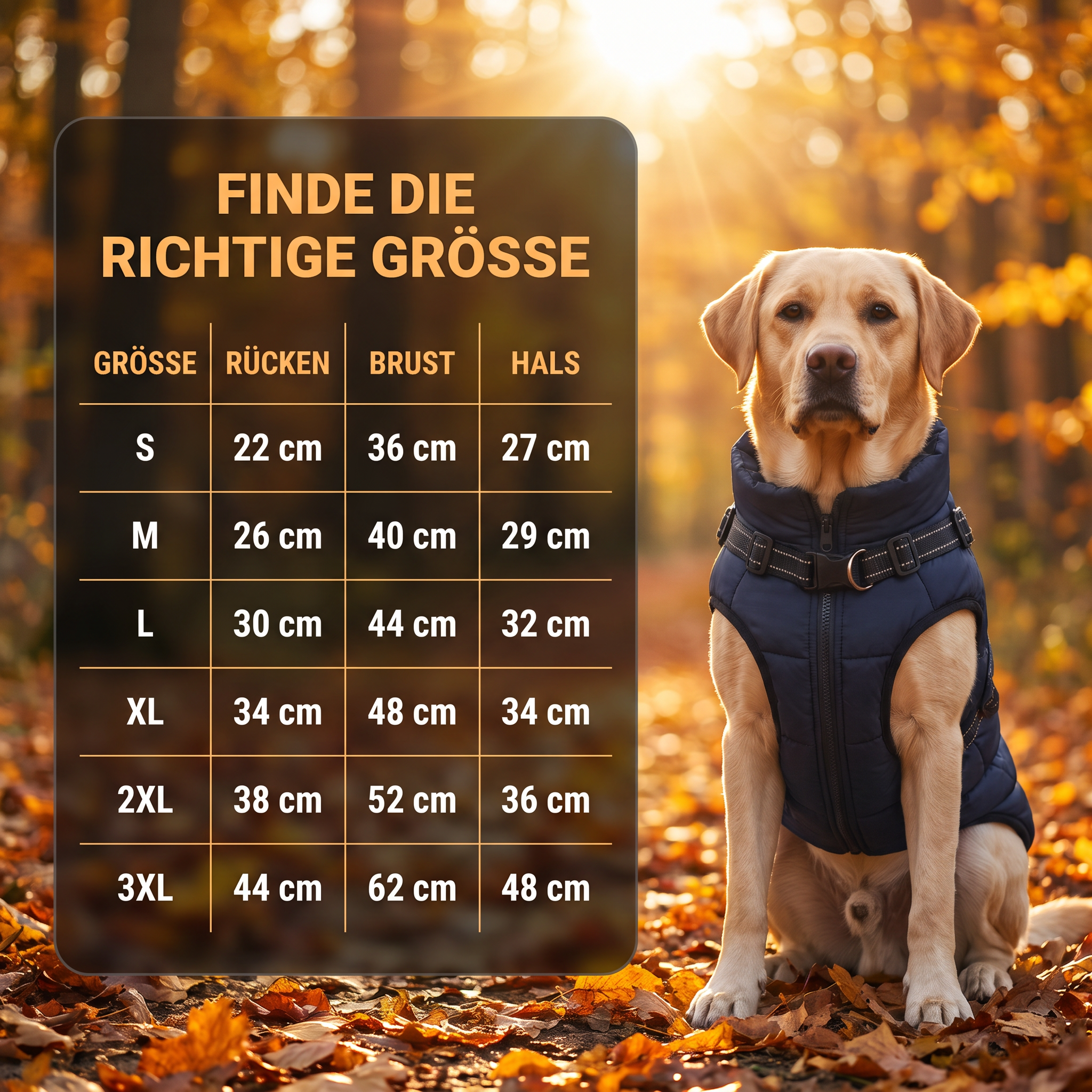 Größentabelle Wintaura Hundejacke: S Rücken 22 cm, Brust 36 cm, Hals 27 cm · M 26/40/29 · L 30/44/32 · XL 34/48/34 · 2XL 38/52/36 · 3XL 44/62/48 (alle Maße in cm)