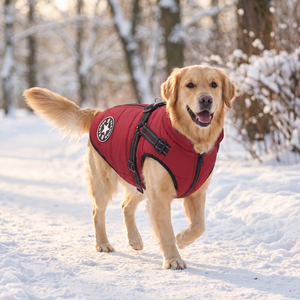 Golden Retriever trägt die Wintaura Hundejacke in Rot im Schnee
