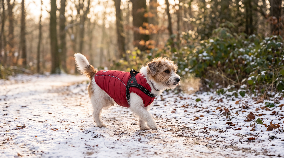 Kleiner Hund im Winter mit roter Wintaura Hundejacke