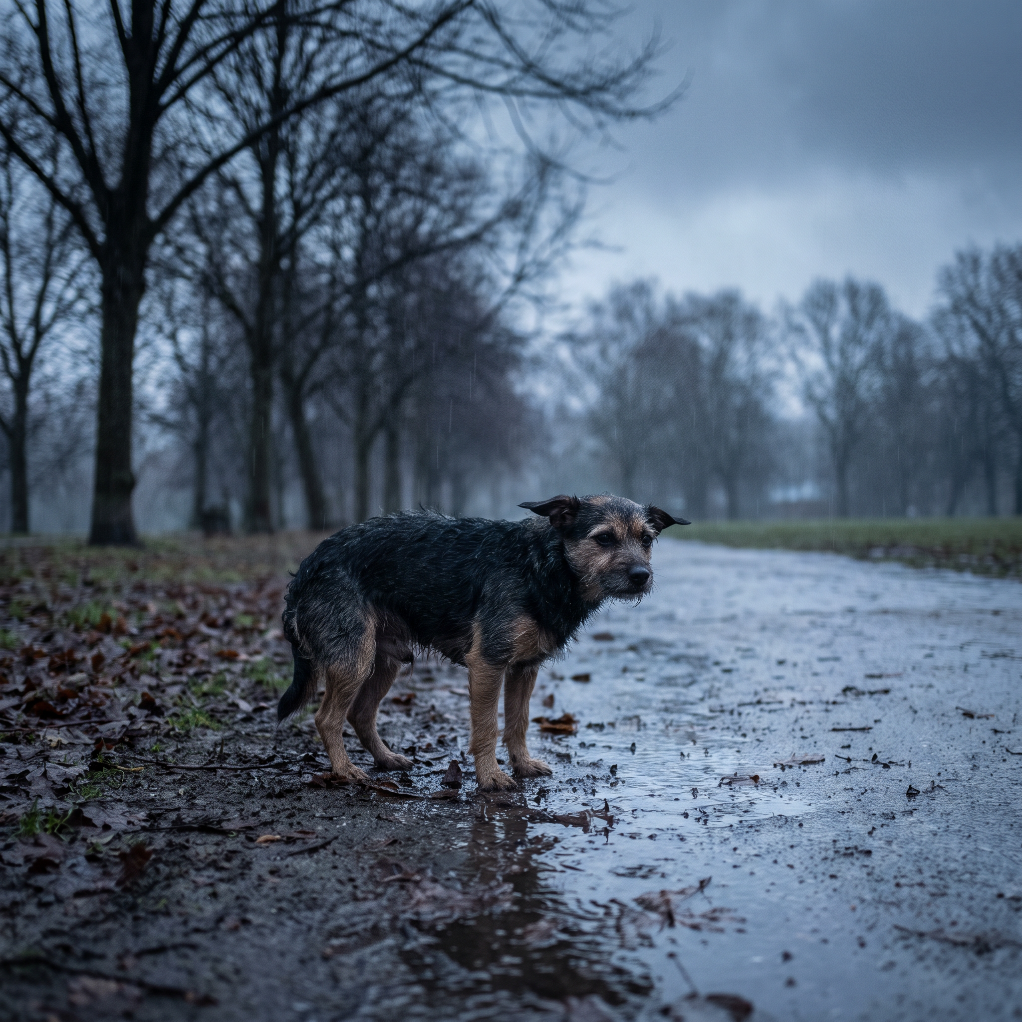 Hund ohne Jacke im kalten Nieselregen